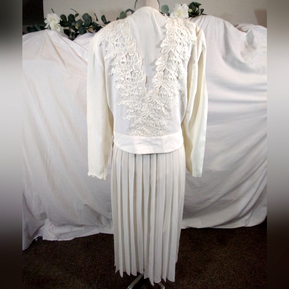 Midi Dress+Jacket, Vintage Open Crop, Long Sleeve, Ivory, Lace, Pleats, Straps,8 - Picture 2 of 16